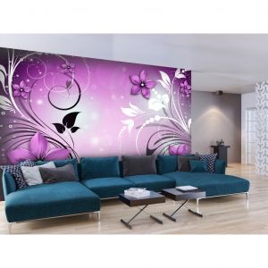 Papier peint Fleurs violettes - motif noir et blanc avec motifs et ornements