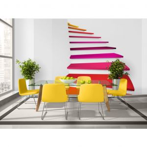 Papier peint adh&eacute;sif Trompe l'oeil : Illusion 3D - abstraction blanche avec des escaliers color&eacute;s