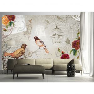 Papier peint moderne Chant des oiseaux - composition r&eacute;tro avec des oiseaux et des fleurs