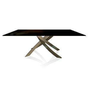 BONTEMPI CASA table avec structure laiton vielli ARTISTICO 20.01 200x106 cm (Laqué noir brillant - Plateau en verre et structure en acier laqué laiton vielli)