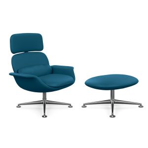 KNOLL fauteuil pivotant KN02 avec ottoman KN03 en cuir avec dossier haut inclinable (Acqua Spanish Main - Revêtement Cat. Y et structure en aluminium poli)