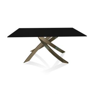 BONTEMPI CASA table avec structure laiton vielli ARTISTICO 20.13 160x90 cm (Anti-rayures noir opaque - Plateau en verre et structure en acier laqué laiton vielli)