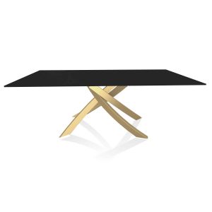 BONTEMPI CASA table avec structure or ARTISTICO 20.01 200x106 cm (Anti-rayures noir opaque - Plateau en verre et structure en acier laqué or)