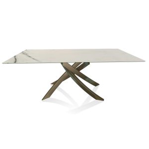 BONTEMPI CASA table avec structure laiton vielli ARTISTICO 52.45 200x100 cm (Blanc Statuario mat - Plateau en SuperMarbre et structure en acier laqué laiton vielli)
