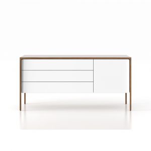 PUNT MOBLES buffet meuble TACTILE structure en noyer avec 3 tiroirs et 1 porte (Blanc - MDF E1 et bois)