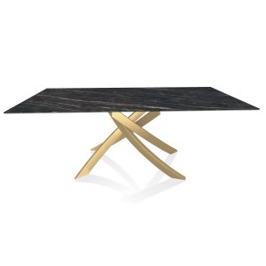 BONTEMPI table avec structure or ARTISTICO 52.45 200x100 cm (Noir Desir brillant - Plateau en SuperMarbre et structure en acier laqu&eacute; or)
