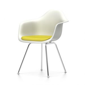 VITRA chaise fauteuil avec coussin Eames Plastic Armchair DAX NOUVELLES DIMENSIONS (Blanc, coussin jaune/vert tilleul - Polypropylene blanc, acier chromé et tissu Hopsak)