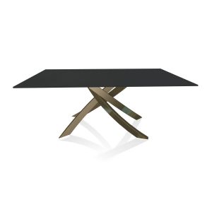 BONTEMPI CASA table avec structure laiton vielli ARTISTICO 20.00 180x106 cm (Anti-rayures anthracite opaque - Plateau en verre et structure en acier laqué laiton vielli)