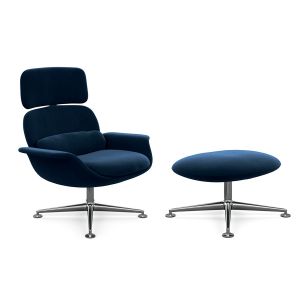 KNOLL fauteuil pivotant KN02 avec ottoman KN03 en tissu avec dossier haut inclinable (Knoll Velvet Aviator - Revêtement Cat. B et structure en aluminium poli)