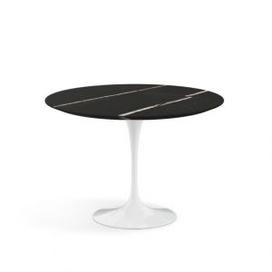 KNOLL table ronde TULIP &Oslash; 107 cm collection Eero Saarinen (Base blanche / Plateau Sahara Noir satin&eacute; - marbre et aluminium)