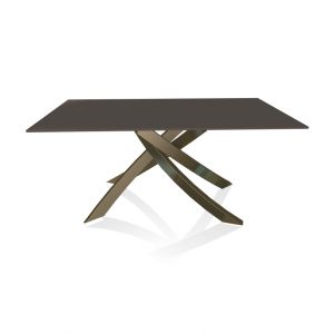 BONTEMPI CASA table avec structure laiton vielli ARTISTICO 20.13 160x90 cm (Laquè anthracite brillant - Plateau en verre et structure en acier laqué laiton vielli)