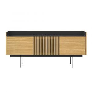 PUNT MOBLES buffet meuble STOCKHOLM avec 3 portes STH303 avec la base H 29 cm (Chêne blanchi / Dessus Noir / Base noire - MDF E1 et plateau en aluminium anodisé)