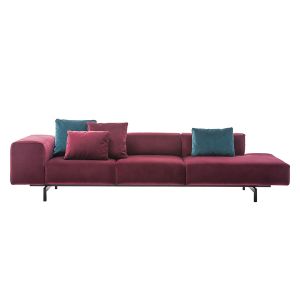KARTELL canapé côté droit à 3 places LARGO VELLUTO (Rouge cardinal - Velours et acier verni)