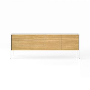 PUNT MOBLES buffet meuble TACTILE structure en chêne laqué blanc avec 3 tiroirs et 2 portes (Chêne naturel - MDF E1 et bois)