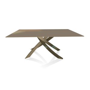 BONTEMPI CASA table avec structure laiton vielli ARTISTICO 20.00 180x106 cm (Tourterelle brillant - Plateau en verre et structure en acier laqué laiton vielli)