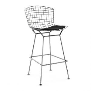 KNOLL tabouret hauteur bar avec coussin BERTOIA (Structure chrom&eacute;e / Coussin Black Onyx - Acier / Tissu Ultrasuede)