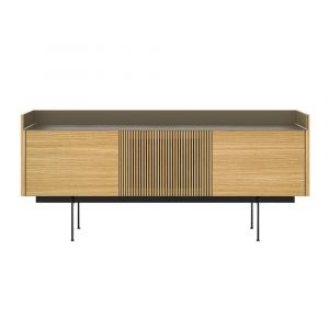 PUNT MOBLES buffet meuble STOCKHOLM avec 3 portes STH303 avec la base H 29 cm (Chêne blanchi / Dessus Bronze / Base noire - MDF E1 et plateau en aluminium anodisé)