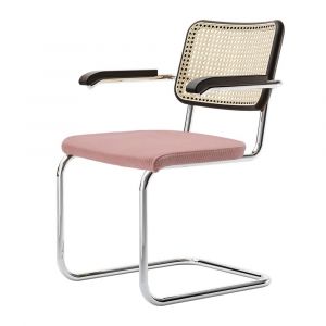 THONET chaise luge S 64 SPV avec accoudoirs, assise et dossier rembourrés en rotin indien tressé (Tissu IV et hêtre I - Tube en acier)