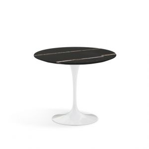 KNOLL table ronde TULIP &Oslash; 91 cm collection Eero Saarinen (Base blanche / Plateau Sahara Noir satin&eacute; - marbre et aluminium)
