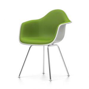 VITRA chaise fauteuil avec rembourrage total Eames Plastic Armchair DAX NOUVELLES DIMENSIONS (Blanc, coussin vert pré/ foret - Polypropylene blanc, acier chromé et tissu Hopsak)