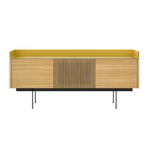 PUNT MOBLES buffet meuble STOCKHOLM avec 3 portes STH303 avec la base H 29 cm (Chêne blanchi / Dessus Doré / Base noire - MDF E1 et plateau en aluminium anodisé)