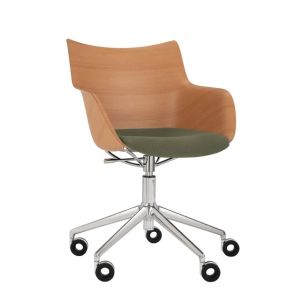 KARTELL chaise avec accoudoirs à roulettes Q/WOOD tissu Aquaclean (Clair, coussin vert et piètement chromé - Bois plaqué, tissu et acier)