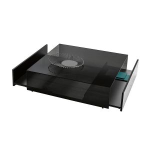 TONELLI table basse carr&eacute; GOTHAM (2 tiroirs, 120 x 120 x h 33 cm - Verre fum&eacute; et bois noir)