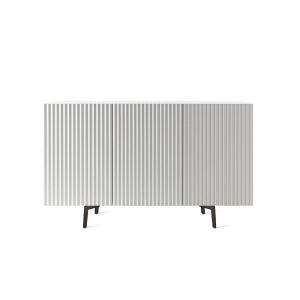 HORM buffet avec 3 portes LEON sur base Mid-Century Modern L 144 cm (H 80 cm, 2 portes ouverture à gauche et 1 à droite - Hêtre laqué blanc opaque et portes en MDF laqué blanc opaque)