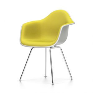 VITRA chaise fauteuil avec rembourrage total Eames Plastic Armchair DAX NOUVELLES DIMENSIONS (Blanc, coussin jaune/vert tilleul - Polypropylene blanc, acier chromé et tissu Hopsak)