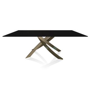 BONTEMPI CASA table avec structure laiton vielli ARTISTICO 20.01 200x106 cm (Anti-rayures noir opaque - Plateau en verre et structure en acier laqué laiton vielli)