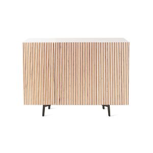 HORM buffet avec 3 portes LEON sur base Mid-Century Modern L 144 cm (H 112 cm, 2 portes ouverture à droite et 1 à gauche - Hêtre blanchi et portes en hêtre blanchi et bois blond)