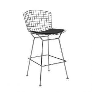KNOLL tabouret hauteur comptoir avec coussin BERTOIA (Structure chrom&eacute;e / Coussin Black Onyx - Acier / Tissu Ultrasuede)