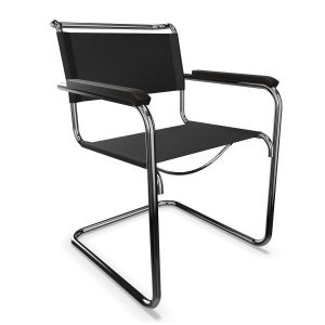 THONET chaise avec accoudoirs S 34 (Black, accoudoirs noires - Cuir pleine fleur, h&ecirc;tre I et acier chrom&eacute;)