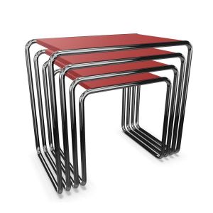 THONET set de 4 tables basses B 9 (Rouge RAL 3013 - Fr&ecirc;ne laqu&eacute; &agrave; pores ouverts et acier chrom&eacute;)