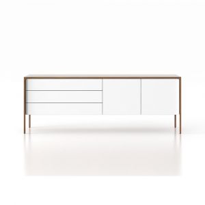 PUNT MOBLES buffet meuble TACTILE structure en noyer avec 3 tiroirs et 2 portes (Blanc - MDF E1 et bois)