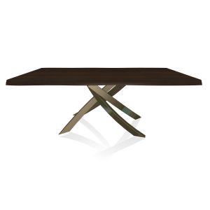 BONTEMPI CASA table avec structure laiton vielli ARTISTICO 20.01 200x106 cm (Noyer - Plateau en bois plaqué avec bords massif irrégulier et structure en acier laqué laiton vielli)