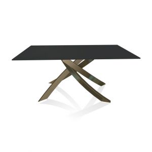 BONTEMPI table avec structure laiton vielli ARTISTICO 20.13 160x90 cm (Anti-rayures anthracite opaque - Plateau en verre et structure en acier laqué laiton vielli)