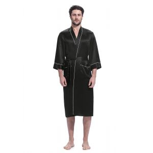 LILYSILK Peignoir Soie Homme Noir Col Châle, Liseré Blanc 100% Soie Naturelle Sans Produits Chimiques Nocifs Peignoir XS