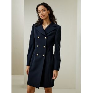 LILYSILK Manteau De Robe Femme Bleu Marine Collier &Agrave; Rabat, Double Boutonnage Tissu Serg&eacute; En Laine Peign&eacute;e Convient &Agrave; Toutes Les Saisons 48