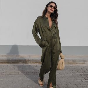 LILYSILK Combinaison Femme Chic En Soie Style Workwear Combinaison Militaire Safari Régulation De La Température Pantalon Vert Safari XS