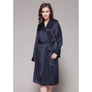 LILYSILK Kimono Soie Femme Nuit Bleu Marine Shawl Collar, Banded Cuffs 100% Soie Naturellement Antibactérien L