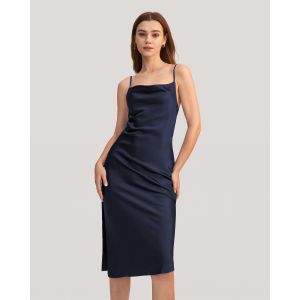 LILYSILK Robe Soie Femme Cowl Neck, Adjustable Straps Extensible Et Infroissable Léger Et Résistant Aux Rides Robe Bleu Marine