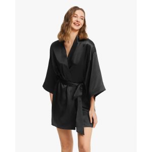 LILYSILK Kimono Soie Femme Nuit Noir Épaule Légèrement Tombée 100% Soie Naturellement Antibactérien L