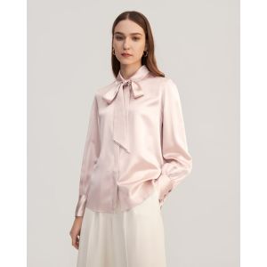 LILYSILK Chemisier &Eacute;l&eacute;gant Femme en Soie 22 Momme &agrave; N&oelig;ud Amovible Rose P&acirc;le XL