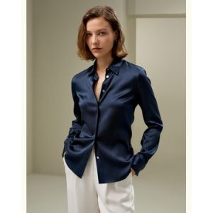 LILYSILK Chemisier Soie Femme Manches Longues Les Boutons Cachés Ajoutent Soie De Haute Qualité Une Élégance Intemporelle Bleu Marine M