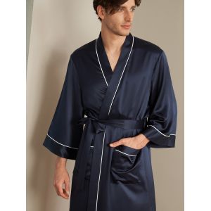 LILYSILK Peignoir Kimono Soie Homme Bleu Marine Col Châle, Manches Longues 100% Soie Pure Bonne Qualité Lavable En Machine Peignoir XXL