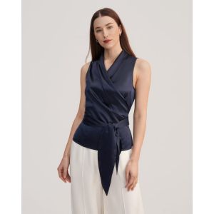 LILYSILK Chemisier En Soie Bleu Marine Sans Manches, Coupe Ajustée 100% Soie Charmeuse Élégance Intemporelle Et Style Sophistiqué 34