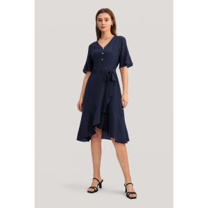LILYSILK Robe À Volants Col V Soie France Légère & Infroissable Bleu Marine M