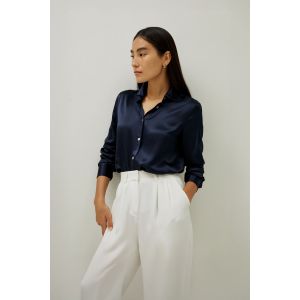 LILYSILK Chemisier En Soie Boutons En Coquillage Naturel Soie De Haute Qualité Légèreté Luxueuse Simple Et Classique Bleu Marine M