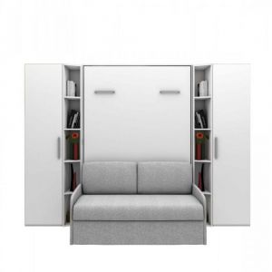 Lit escamotable vertical 140cm MULTIMO SOFA avec canap&eacute; 2 armoire 1 porte 2 colonne 5 niches blanc